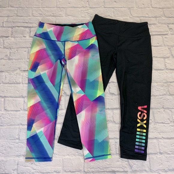 Victoria’s Secret Leggings Size Small Set of two Crop Capri Black &multicolored - Picture 1 of 11